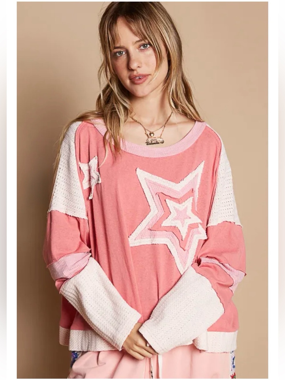 New: POL “Celestial” Patchwork Star Lightweight Knit Crop Long Sleeve Top• Small